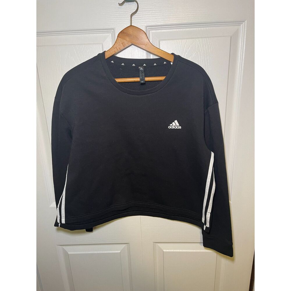 Adidas Womens Black Cropped Sweatshirt Pullover Crewneck Logo Top Size XL
